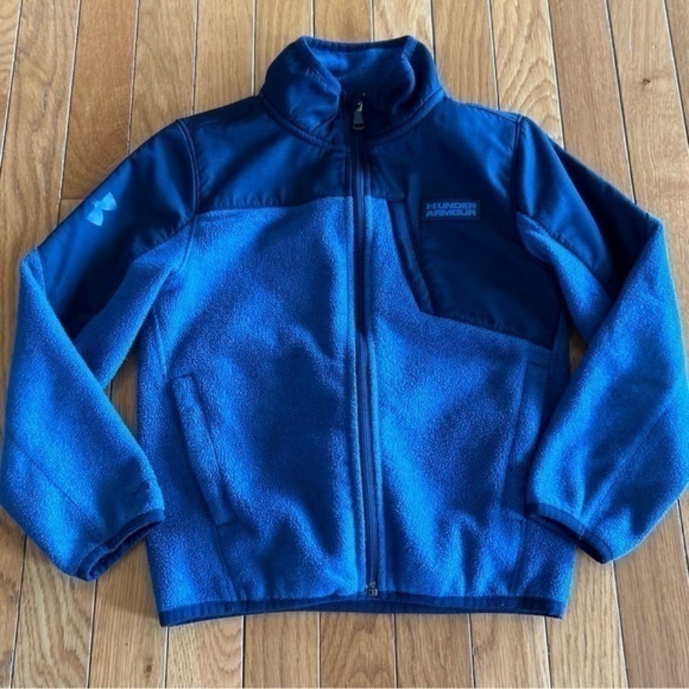 Under Armour Youth Boys Size 6 Full Zip Fleece Jacket Navy Blue Logo ColdGear
